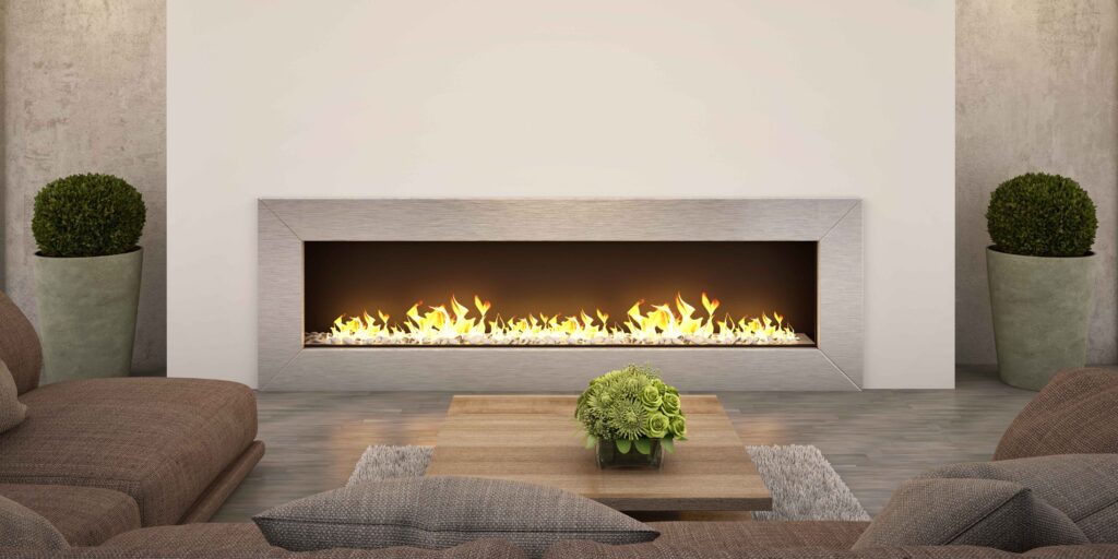 A minimalist modern long fireplace in a room.